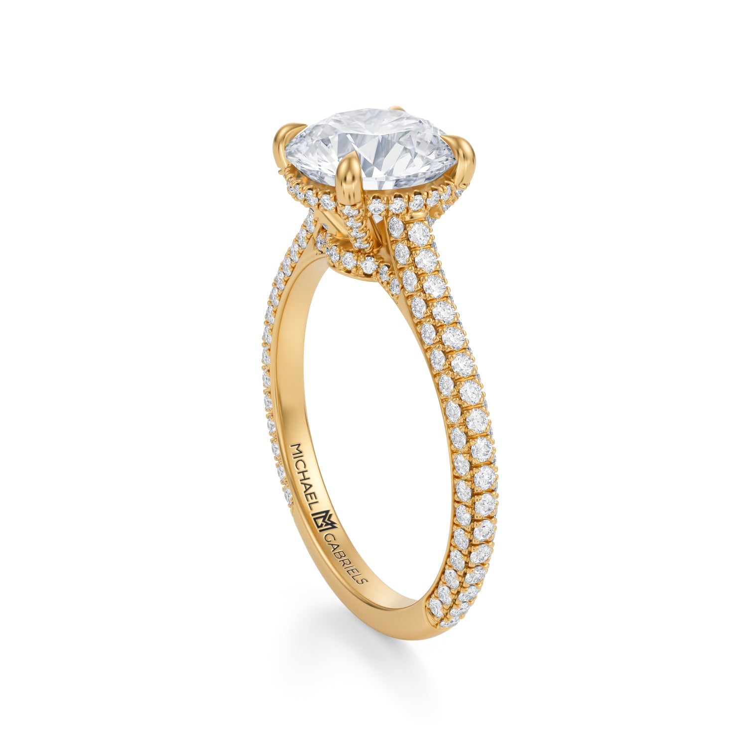 Round Trio Pave Cathedral Ring With Low Pave Basket (2.70 Carat F-VS1) - Michael Gabriels
