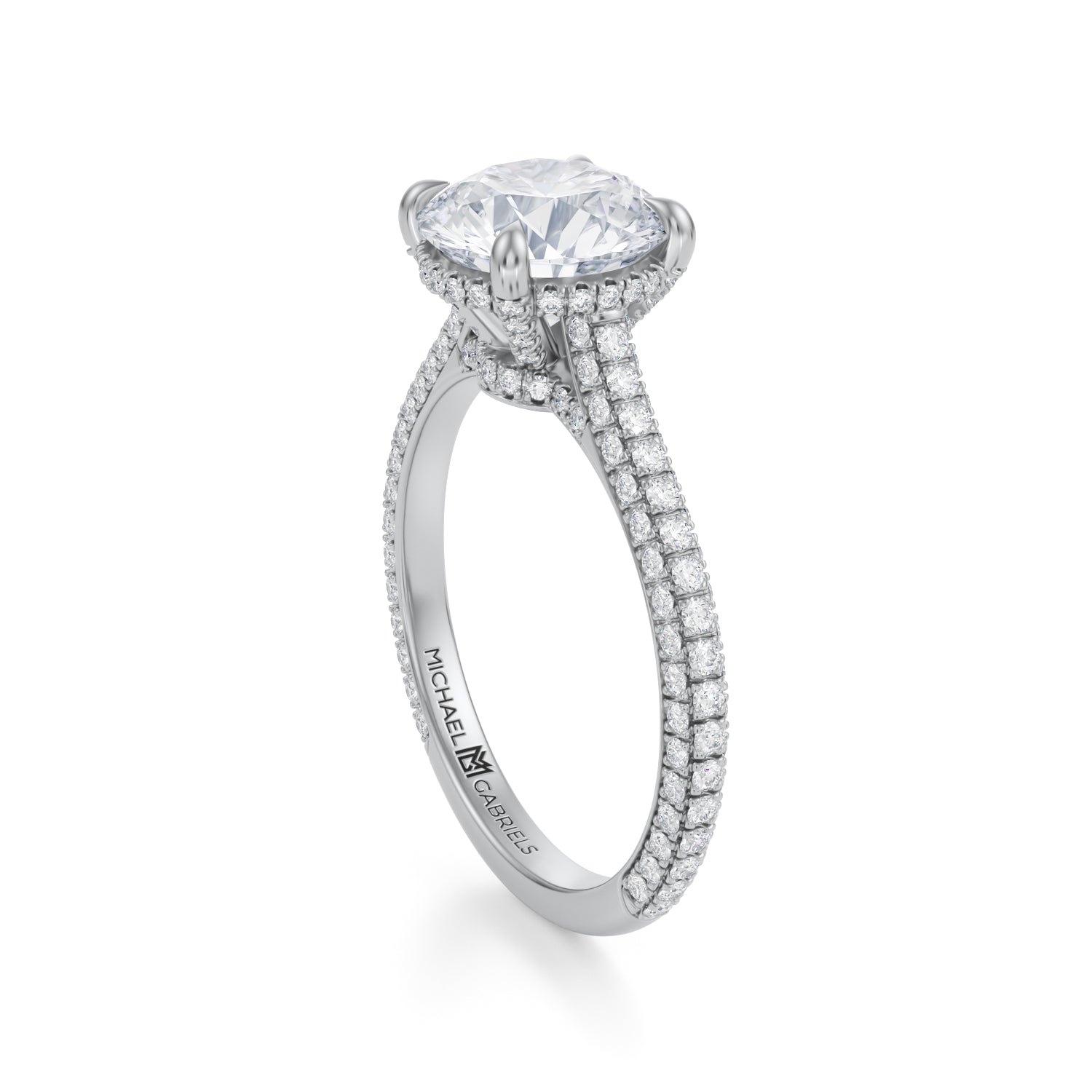 Round Trio Pave Cathedral Ring With Low Pave Basket (3.00 Carat D-VVS2) - Michael Gabriels