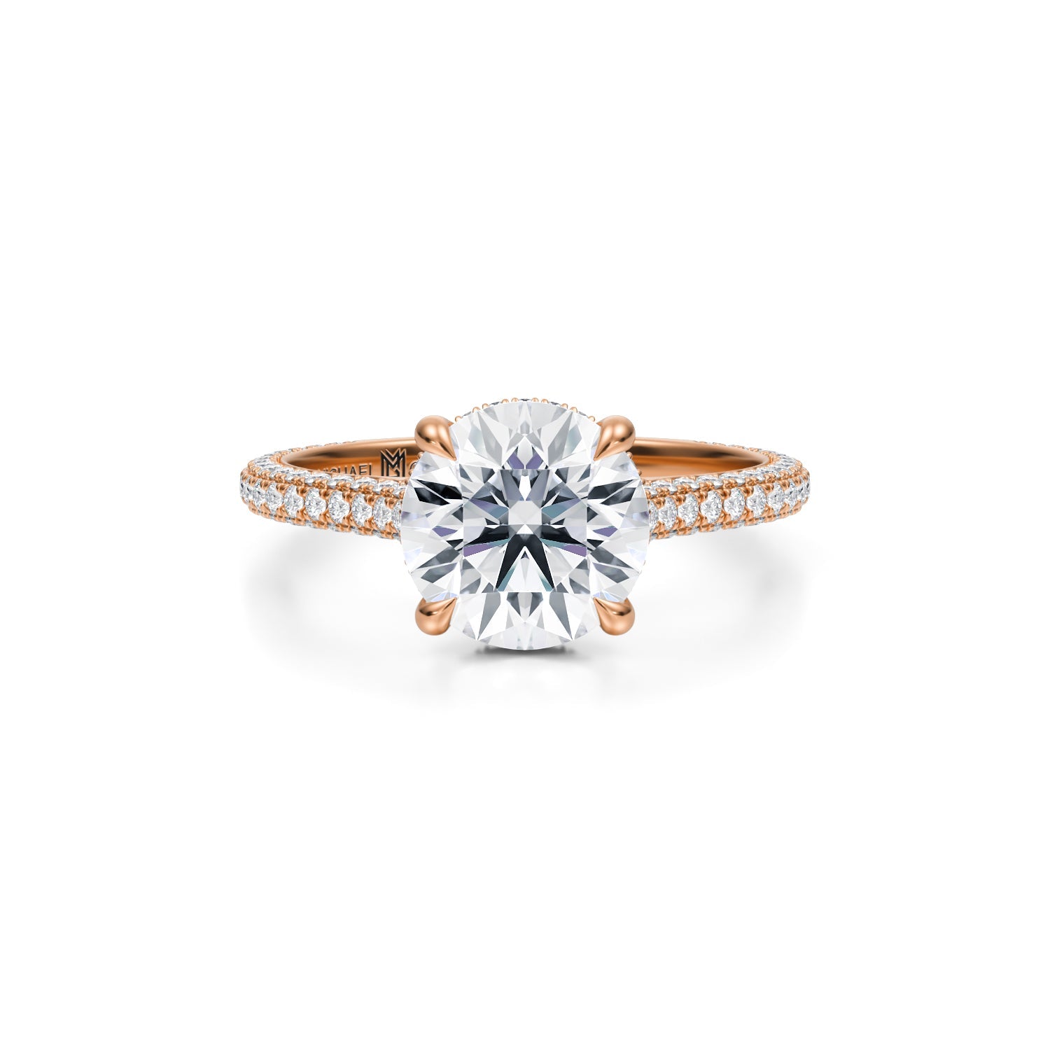 Round Trio Pave Cathedral Ring With Low Pave Basket (3.00 Carat E-VS1) - Michael Gabriels