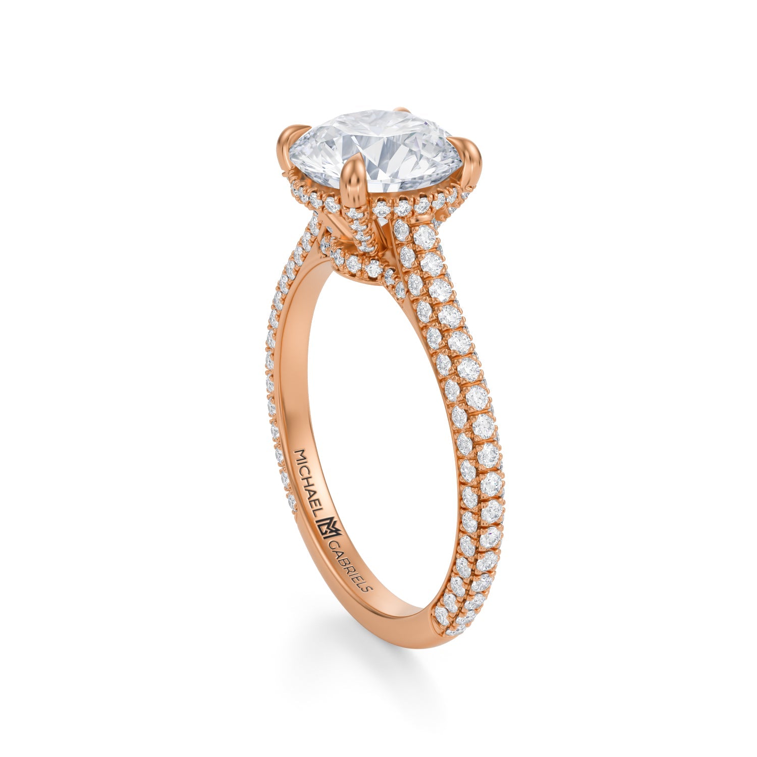 Round Trio Pave Cathedral Ring With Low Pave Basket (3.00 Carat E-VS1) - Michael Gabriels