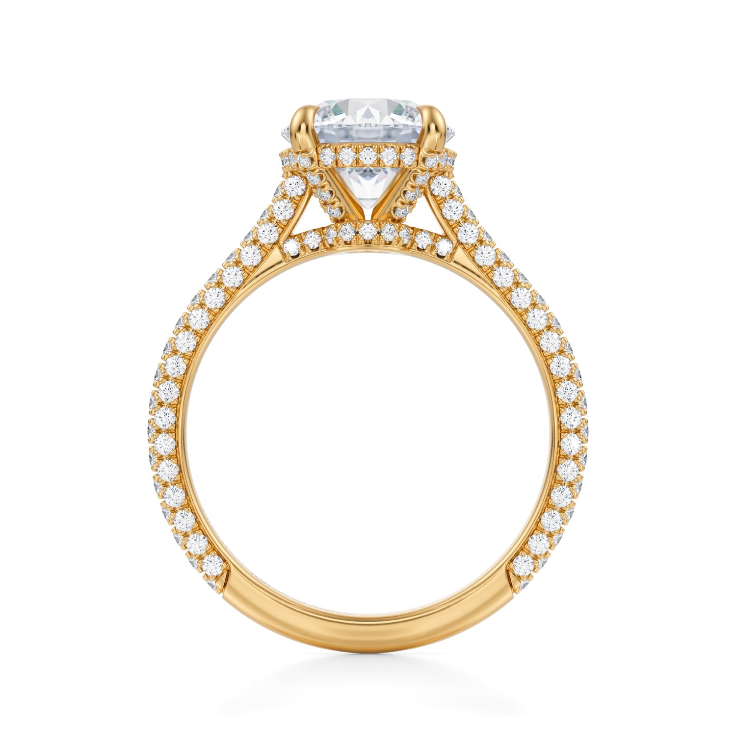 Round Trio Pave Cathedral Ring With Low Pave Basket (3.00 Carat E-VS1) - Michael Gabriels